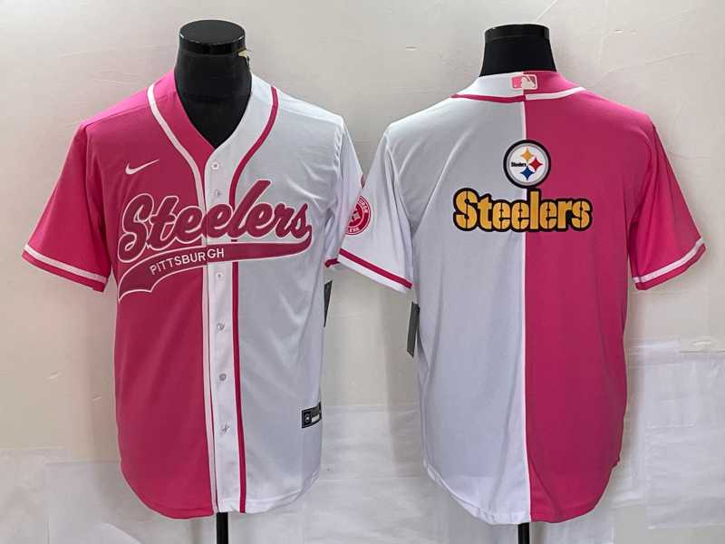 Men's Pittsburgh Steelers Big Logo Pink White Two Tone With Patch Cool Base Stitched Baseball Jersey